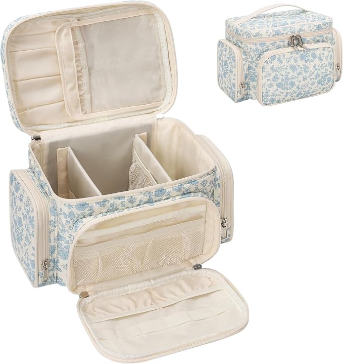 Bagmoly Large Cotton Makeup Bag, Quilted Floral Makeup Bag Organizer for Women Girls with Makeup Brush Compartment & Two Side Pockets, Cosmetic Travel Bag Vertical Storage- Blue Flower - Image 9