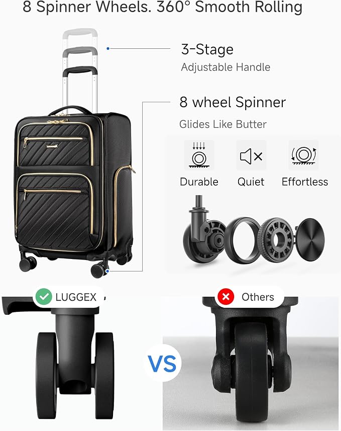 LUGGEX Carry On Luggage with Wheels, UDK Expandable Lightweight Rolling Suitcase, Soft Sided Carry On Suitcase for Weekend Trip (UX-Core, Black, 21 Inch) - Image 5