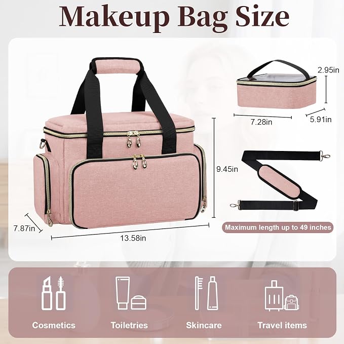GDNasist Large Makeup Bag, Portable Travel Makeup Bag Organizer for Women Girls with 2 Removable Pouches & Detachable Dividers, Cosmetic Travel Bag, Toiletry Bag for Makeup and Hair Supplies Pink - Image 4