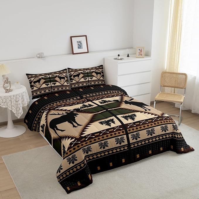 Erosebridal Moose Comforter Set for Kids Boys Girls Rustic Hunting Animal Bedding Sets Full Farmhouse Wild Animal Sketch Quilt Western Tribal Duvet Insert with 2 Pillowcases Lightweight - Image 3