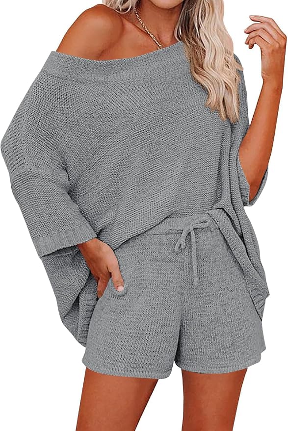 Ermonn Womens 2 Piece Outfits Sweater Sets Off Shoulder Knit Tops Waist Short Suits Casual Pajama Set by Ermonn