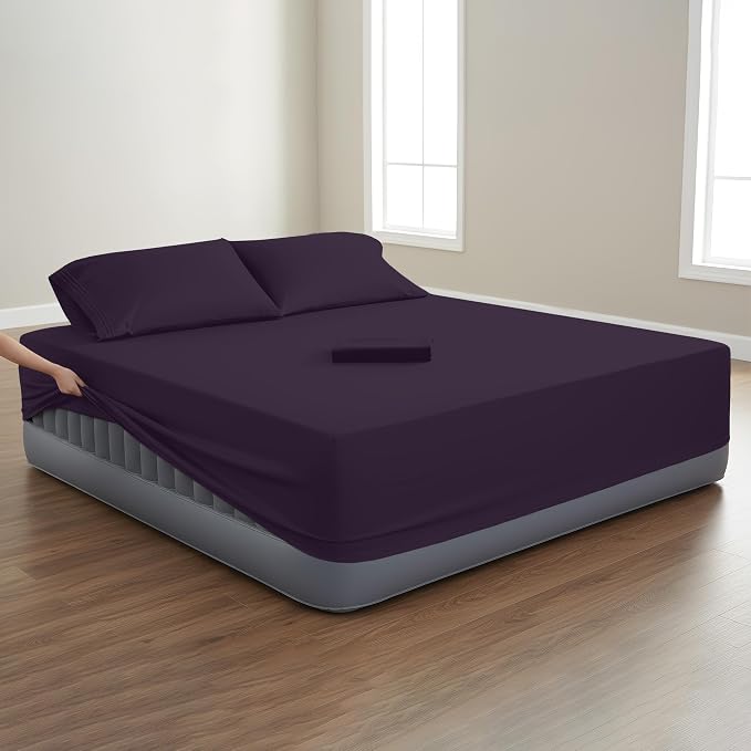 Mocassi 4-Piece Extra Deep Pocket 16-24 Inch Air Mattress Bed Sheet Set- 4PC Sheet Set with Smart Pockets Ideal for Air Beds, RVs, Camping and Guest Rooms Premium Hotel Quality, Twin XL, Purple - Image 2