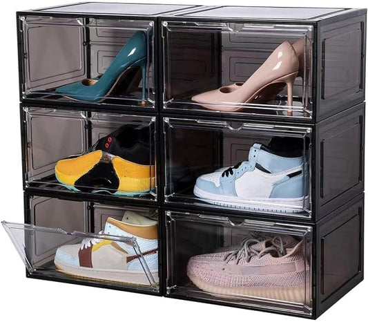 Attelite Large Clear Shoe Box Organizer,Plastic Stackable Shoe Storage Box with Magnetic Door, Large Clear Door Shoe Containers for Display Sneakers, Easy Assembly（Black） by Attelite