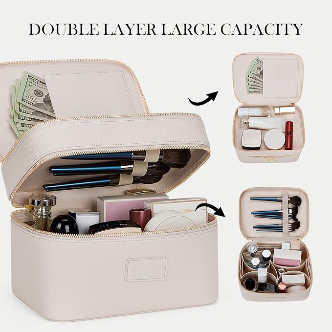 HiTotes Large Makeup Bag Duo Vanity Case for Women Leather Makeup Case Travel Toiletry Bag Portable Double Layer Cosmetic Bag - Image 4