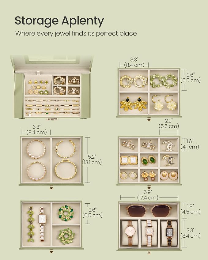 SONGMICS Jewelry Box Organizer, 6-Layer with 5 Drawers, Sage Green | Jewelry Storage Case with Lock and Mirror, Large Storage Capacity, for Necklaces, Watches, Gift for Loved Ones UJBC152CE01S - Image 4