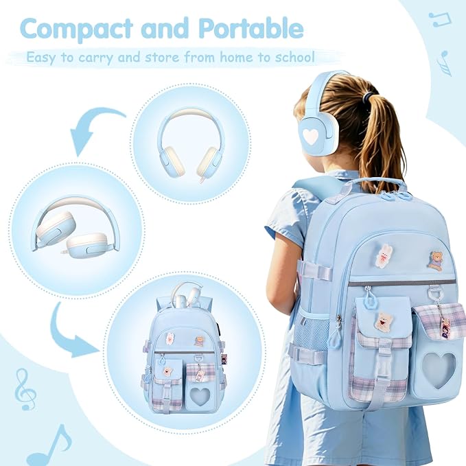 ACESAK Backpack for Girls with Headphones - Girls Backpack with Lunch Box, Pencil Case & Kids Headset - 3.5mm Wired Headphones for School Bookbag Schoolbag Set Back To School Gift (Blue) - Image 5