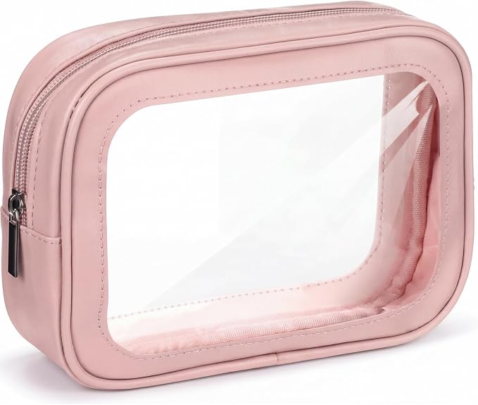 Abbylike 1 Pcs Clear Makeup Bags Bulk Tsa Approved Clear Toiletry Bags with Zipper PU Leather Waterproof Travel Makeup Organizer for Women Wedding Bridal DIY Gifts Bachelorette Party (Pink) by Abbylike