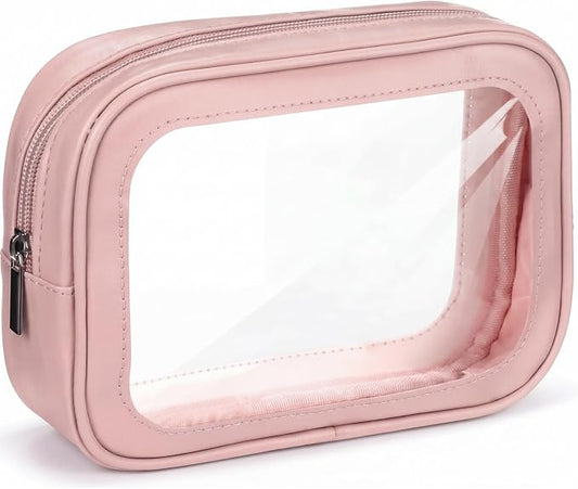 Abbylike 1 Pcs Clear Makeup Bags Bulk Tsa Approved Clear Toiletry Bags with Zipper PU Leather Waterproof Travel Makeup Organizer for Women Wedding Bridal DIY Gifts Bachelorette Party (Pink) by Abbylike