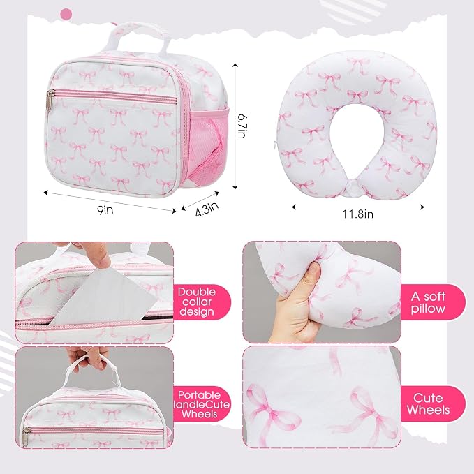 Redbaker 6 Pcs Kids Luggage Set, 17 Inch Rolling Suitcase with Backpack Lunch Bag Neck Pillow, Pink Bow Travel Set for Summer Vacation Sleepover Back to School Gift - Image 5