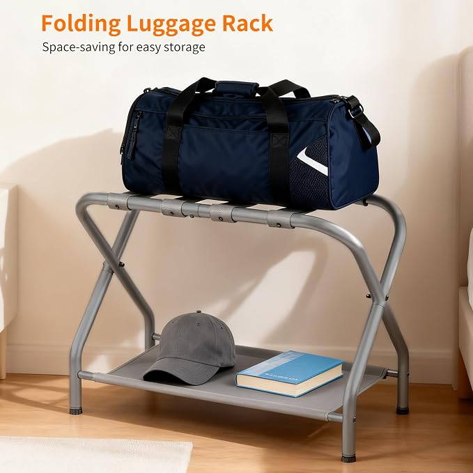 Heybly Luggage Rack for Guest Room, Pack of 2, Steel Folding Suitcase Stand with Storage Shelf for Bedroom, Hotel, Foldable Steel Frame, Guest Room, 26.2" L x 14.4" W x 20.5" H, Gray HLR004G2 - Image 4