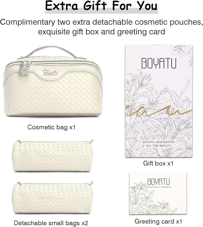 BOYATU Travel Makeup Bag Cosmetic Bags for Women: Large Capacity 3 Pcs Set Make up Bag with Compartments - Waterproof Vegan Leather Toiletry Organizer Bags with Handle (L09 Beige) - Image 6