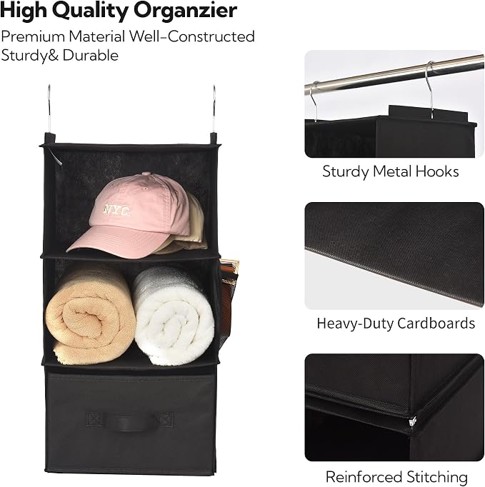 GRANNY SAYS 6-Shelf Hanging Closet Organizers and Storage, Separable to 2 Pack 3-Shelf Closet Hanging Organizer with 3 Drawers, 4 Side Pockets Hanging Shelves for Closet, Nursery, Black - Image 6