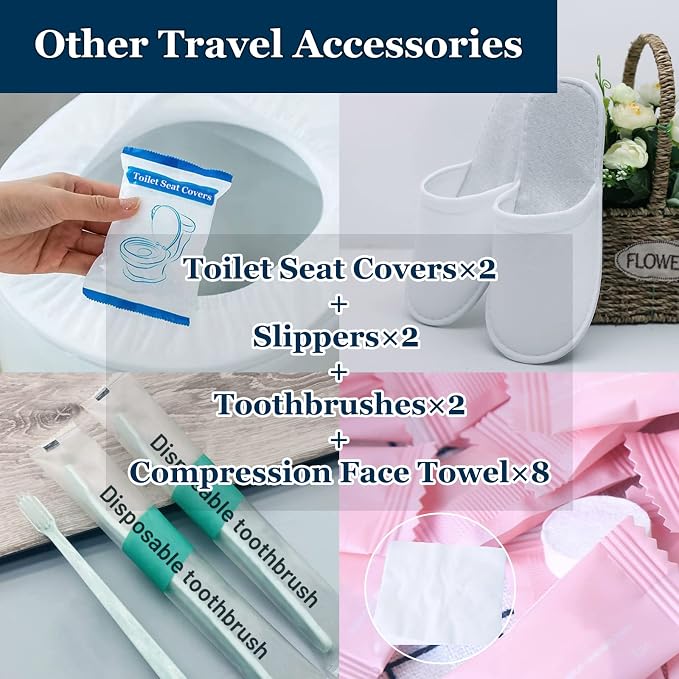Extguds Disposable Travel Set: Bed Sheet×1+Duvet Cover×1+Pillow case×2+Bath Towels×2+Shower Caps×2+Plastic Bathtub Bag×2+Toilet Seat Covers×2+Compression face Towel×8+Toothbrushes×2+Slippers×2 - Image 4