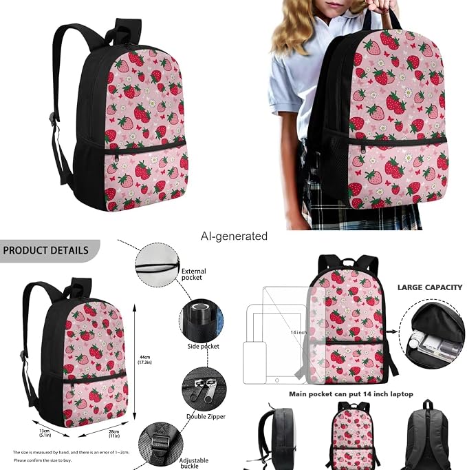 Cute Strawberry Backpack for Girls Kids Backpack with Lunch Box Water Bottle Holder with Strap and Large Pencil Case 4PCS Set Bookbag with Front Pocket for School 17" Lightweight School Bag - Image 3