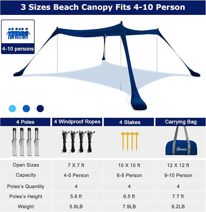 COMMOUDS Beach Tent Sun Shelter - UPF50+ Pop Up Beach Canopy with Sandbags & Sand Shovel & Windproof Poles, Portable Sun Shade for Beach, Camping, Picnics, Backyard - Image 2