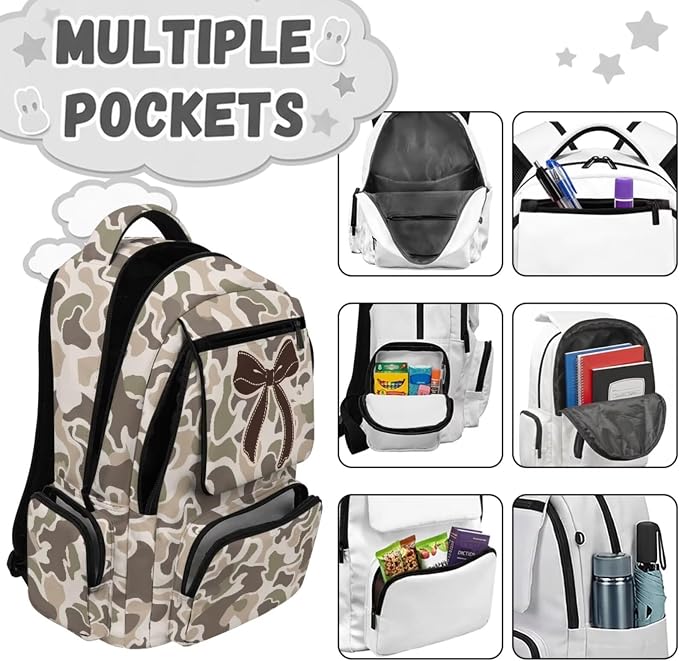 Brown Camo Bow 4 Piece School Backpack Set for Kids, 17 Inch Multi-Pocket Backpack with Lunch Bag, Pencil Case and Water Bottle Holder for Elementary Middle School - Image 3