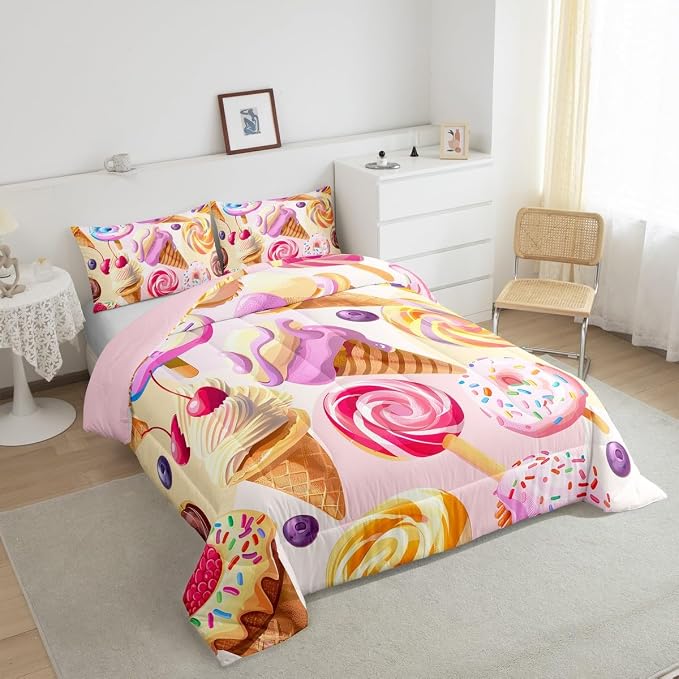 Erosebridal Girls Donuts Comforter Set Queen Size, Dessert Sweet Down Comforter for Kids Children Boys, Ice Cream Girly Pink Duvet Insert Cherry Cake Girly Flower Bedding Comforters for Bedroom - Image 4
