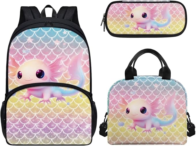 Pink Yellow Axolotl Backpack for Girls Kids High School Middle School Bag with Lunchbox Pencilcase Travel Rucksack Daypack Large Backpack with Front Pocket by Wideasale