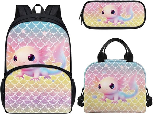 Pink Yellow Axolotl Backpack for Girls Kids High School Middle School Bag with Lunchbox Pencilcase Travel Rucksack Daypack Large Backpack with Front Pocket by Wideasale