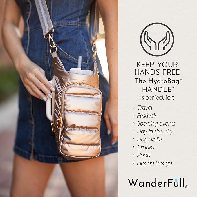WanderFull Original HydroBag HANDLE®, Zipper for Handle, 40 oz Water Bottle Holder w/Strap, Crossbody Carrier Bag w/Phone Pocket, Tumbler Accessories - Gold Shiny w/Striped Strap - Image 3