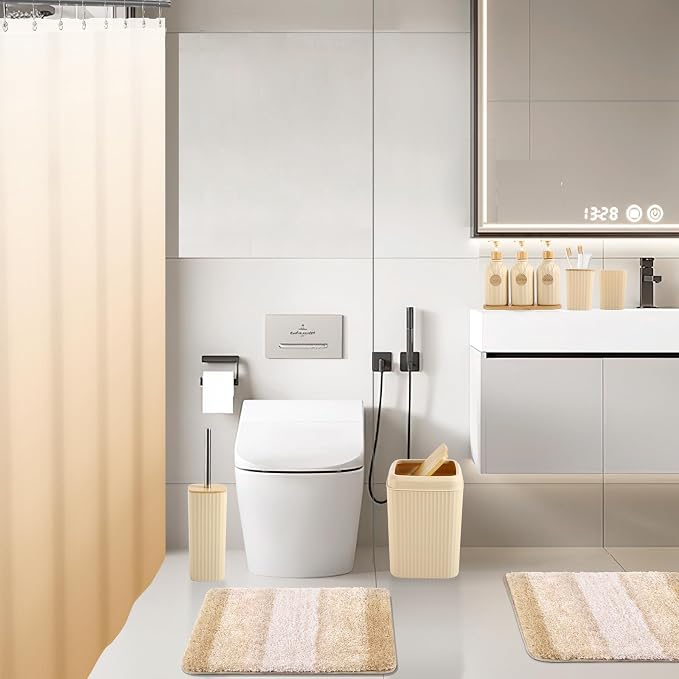 32PCS Bathroom Sets with Shower Curtain and Rugs Beige Bathroom Accessories Set Shower Curtain Set 3PCS Lotion Soap Dispenser Bathroom Accessories with Black Bathroom Decor - Image 7