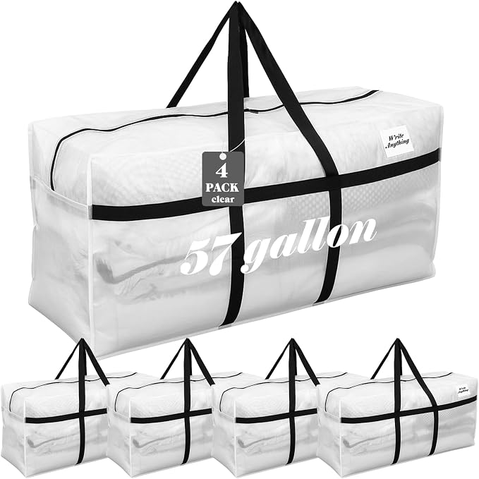 Windyun 4 Pack 57 Gallon Extra Large Moving Bags XXL Heavy Duty Storage Bag with Strong Zipper Handle Jumbo Big Tote Box Foldable for College Dorm Travel Clothes Duffle Blanket Pillow(Transparent) - Image 2