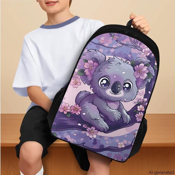 Cherry Blossom Koala Backpack for Girls Kids Backpack with Lunch Box Water Bottle Holder with Strap and Aesthetic Pencil Case 4PCS Set Cute Bookbag with Compartments 17 inch Kawaii School Bag - Image 3