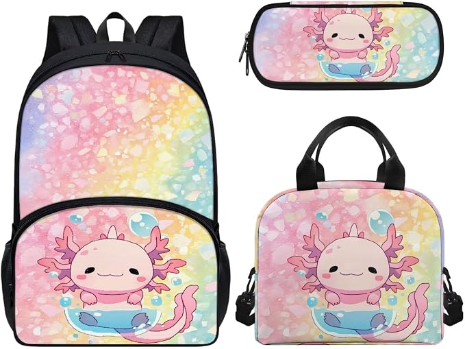 Rainbow Axolotl Backpacks for Kids, Girls Backpack School Bookbags with Insulated Lunch Box Pencil Case 3 in 1, Lightweight Sports Backpack by CndexdWearfunPrintjoy