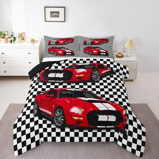 Erosebridal Child Racing Car Comforter Set Race Sports Car Bedding Set Black and White Grid Duvet Sets Automobile Bedding Set Mordern Design Boys Teens Bedroom Decor Down Comforter,Twin by Erosebridal