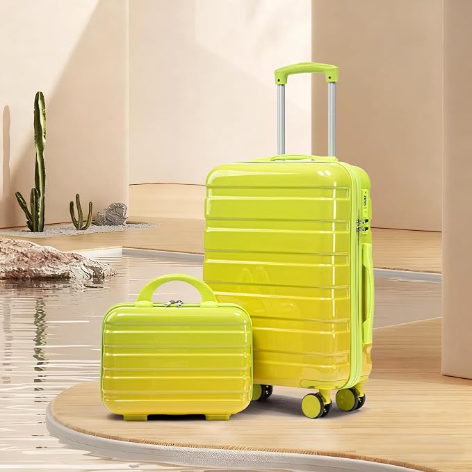 GDFStudio 14/20 Inch 2 Piece Luggage Set,PC Hard Shell Spinner Suitcase,Combination Lock,360° Silent Wheels, Retractable Handle,Carry On Travel Luggage with 14” Cosmetic Case,Gradient Yellow-Green - Image 2