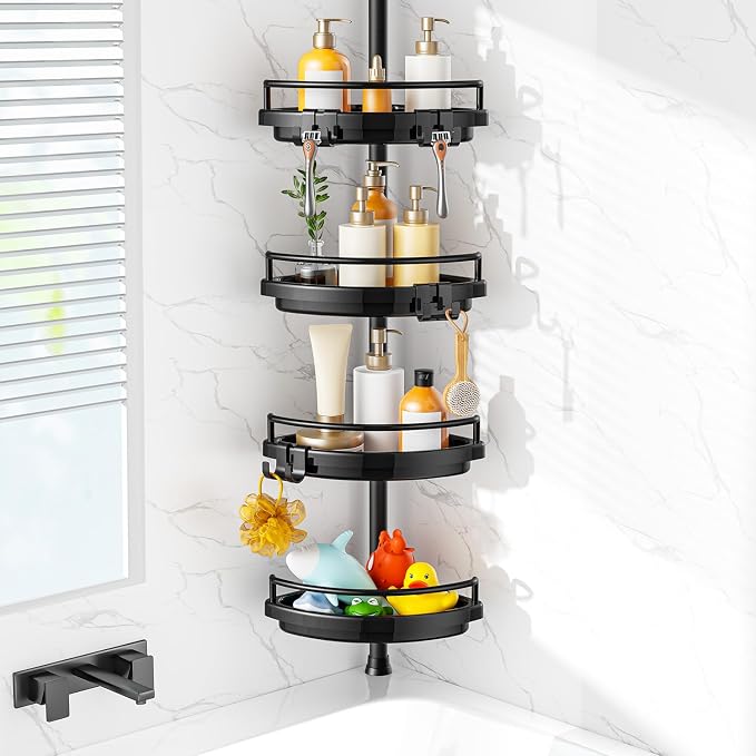 HAMITOR Corner Shower Caddy Tension Pole: Adjustable Stainless Steel Shower Organizer 4 Tier Shelf for Bathroom Bathtub Shampoo - Floor Standing Rack Bath Storage Holder with Rust Proof Rods - Black by HAMITOR
