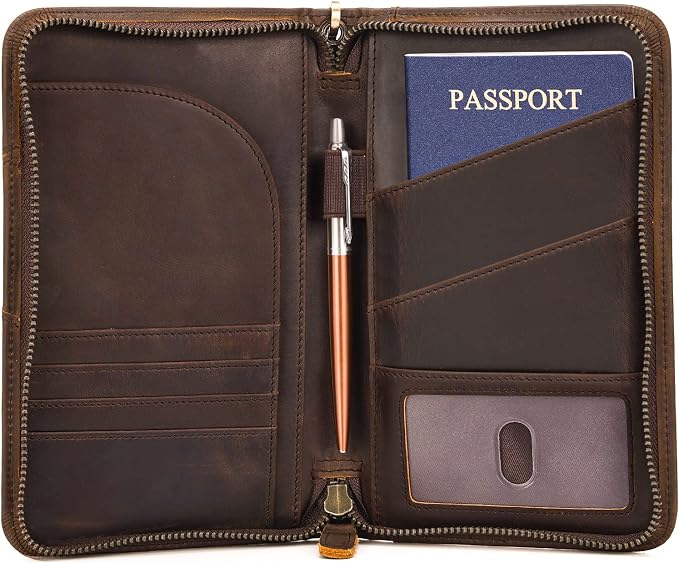 Polare Full Grain Leather Passport Holder With YKK Zipper RFID Blocking Travel Document Organizer Ticket Holder Cover Case Holds 2 Passports (Dark Brown) by polareoriginal