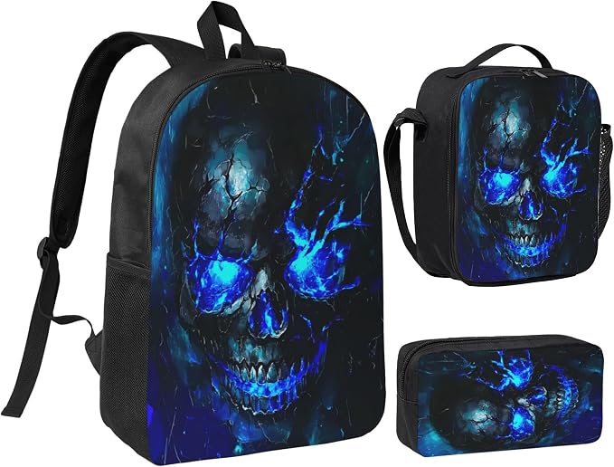 Skull Kid Backpack Set with Lunch Bag & Pencil Case Large Capacity School Bag 17 Inch Bookbag for Boy Girl by thmnj