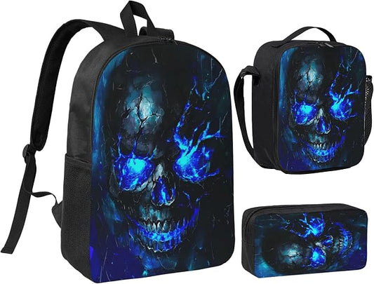 Skull Kid Backpack Set with Lunch Bag & Pencil Case Large Capacity School Bag 17 Inch Bookbag for Boy Girl by thmnj