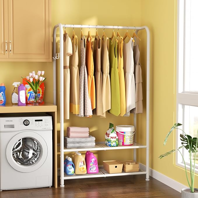 SINGAYE Wardrobe Standing Closet Clothing Rack With Shelf Hanging Clothes | Wardrobe Open Compact Small Metal Garment Hanger Stand Alone Free Standing Black Closet Rack Storage Organizer Heavy Duty - Image 7