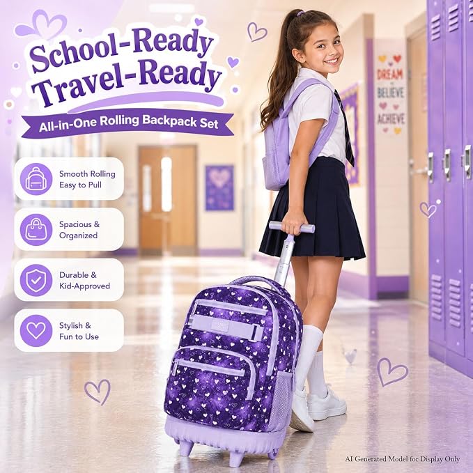 3Pcs Rolling Backpack for Girls, 19" Kids Wheeled Bookbag with Lunch Box, Roller Bag for Elementary Travel (Purple) - Image 2