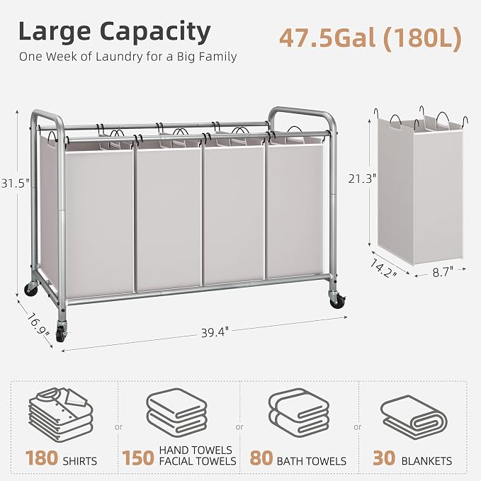 STORAGE MANIAC Laundry Sorter 4 Section, 47.5 Gal (180 L) Laundry Hamper with Wheels, Clothes Divider Basket Sorter, Separator Hamper Cart with Removable Bags, Gray - Image 5