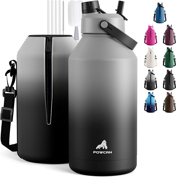 POWCAN 64 oz Insulated Water Bottle with 2-in-1 Straw and Spout Lid, Keep Cold 48H, Leakproof, Carrier Bag, Stainless Steel Sport Water Bottle for Men, Fitness, Outdoors, Gym and Travel (Obsidian) by POWCAN