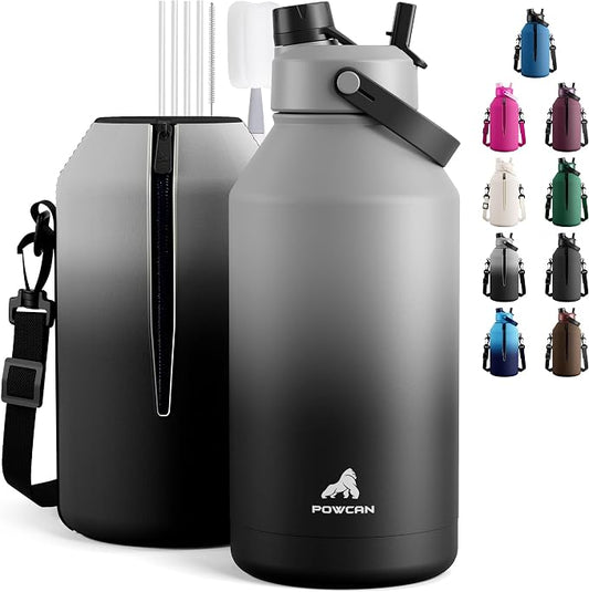 POWCAN 64 oz Insulated Water Bottle with 2-in-1 Straw and Spout Lid, Keep Cold 48H, Leakproof, Carrier Bag, Stainless Steel Sport Water Bottle for Men, Fitness, Outdoors, Gym and Travel (Obsidian) by POWCAN