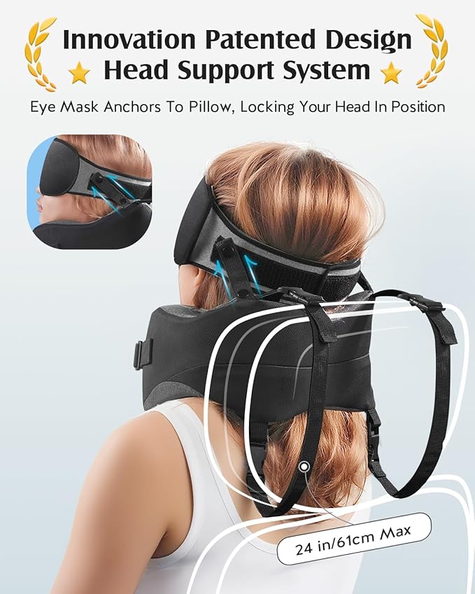 YFONG Travel Pillow for Long Flight Airplanes, Head Strap Combo with 3D Contoured Eye Mask for Sleep, Neck Pillow for Car Trip Essential, 360° Support Memory Foam Headrest, Prevent Head Bobbing, Black