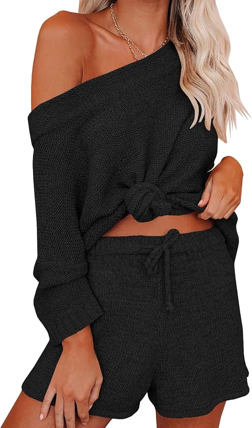 Ermonn Womens 2 Piece Outfits Sweater Sets Off Shoulder Knit Tops Waist Short Suits Casual Pajama Set - Image 2