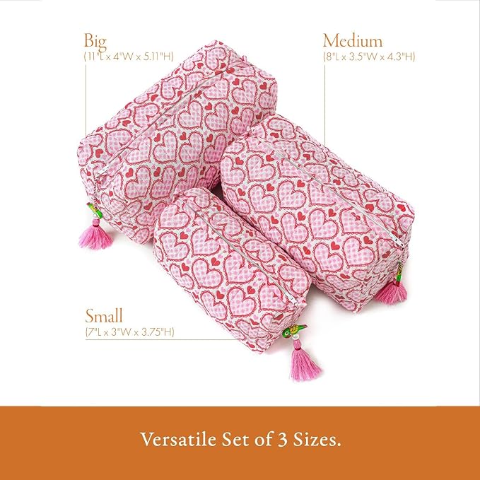 Saffron Marigold Quilted Makeup Bag Set of 3, Hand Block Printed Cotton Cosmetic Bags for Women, Waterproof Lined Travel Toiletry Bag, Coquette Aesthetic, Handmade Gift, Love Blooms - Image 4