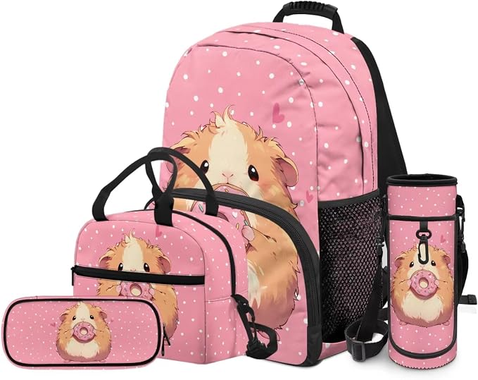 Donut Guinea Pigs Backpacks for Girls Kids Preschool Elementary Backpacks with Reusable Lunch Bag Pencil Case Pouch Water Bottle Carrier Bag 4 Pack Set Pink - Image 2