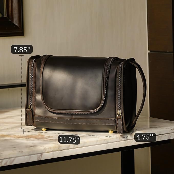 Polare Full Grain Leather Toiletry Bag Travel Dopp Kit Makeup Cosmetic Organizer Shaving Kit Wash Case with Hanging Hook - Image 4