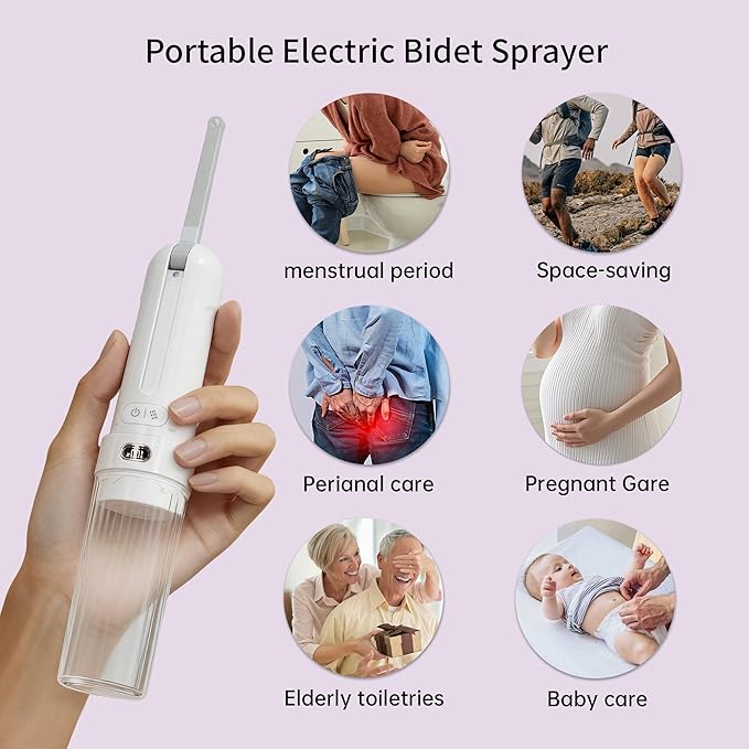 Portable Bidet - Handheld Rechargeable Electric Travel Bidet Sprayer with 3 Pressure - IPX7 Waterproof for Bathroom Ultimate Personal Hygiene Cleaning at Home and Camping (White)