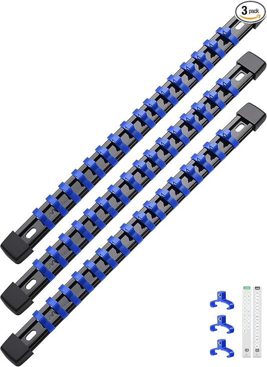 ALOANES 3PC ABS Socket Organizer, Socket Rails Fit 1/4 inch Drive | Portable Heavy Duty Socket Holders Hold up 48 Sockets for Toolbox Drawer Bags(Blue) by Aloanes