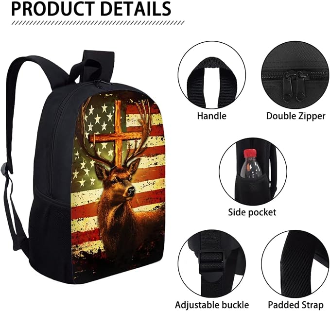 Deer American Flag Cross Backpack Set with Portable Lunch Bag and Pencil Box, Kids Lightweight School Bookbag Set for Teenager, Large Knapsack Set for Girls and Boys - Image 3