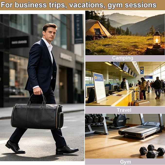 Full Grain Leather Duffel Bag for Men, 2-in-1 Garment Travel Bag with Shoe Compartment, Weekender Overnight Bag for Business Trip, Black - Image 6