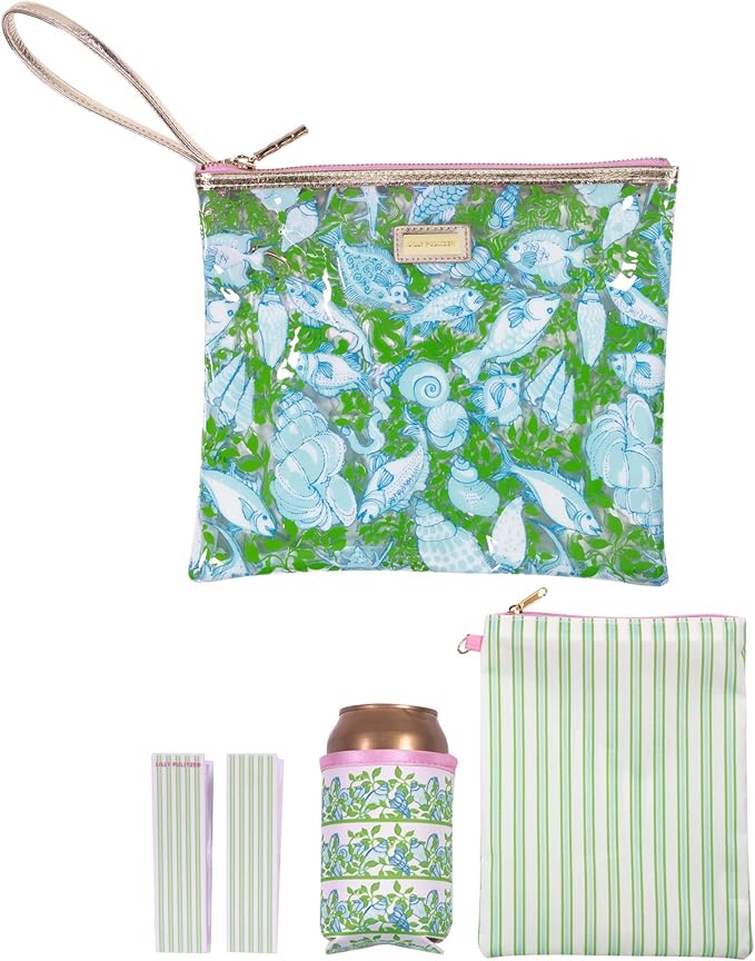 Lilly Pulitzer Water Resistant Vinyl Beach Day Pouch, Zipper Bag Includes Drink Hugger, Small Pouch, and Towel Clips by Unknown