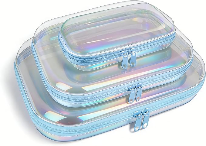 Clear Hard Shell Zipper Case,3PCS Transparent Clear Laser Zipper Pouches,Hard Side Plastic Case Set,Portable Travel Storage Organizer Bins by honitty